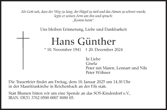 Traueranzeige von Hans Günther von Eßlinger Zeitung/Cannstatter Zeitung