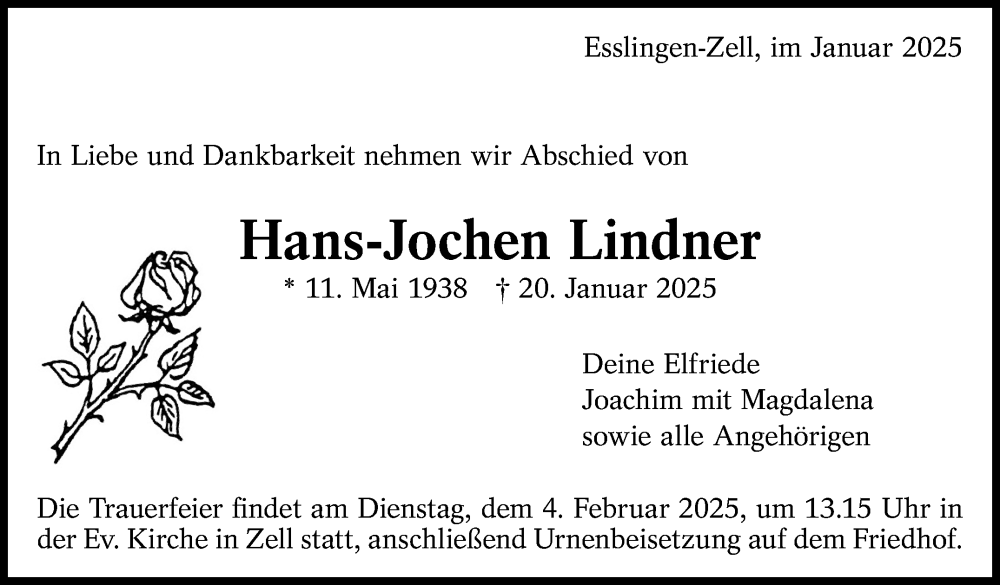  Traueranzeige für Hans-Jochen Lindner vom 29.01.2025 aus Eßlinger Zeitung/Cannstatter Zeitung