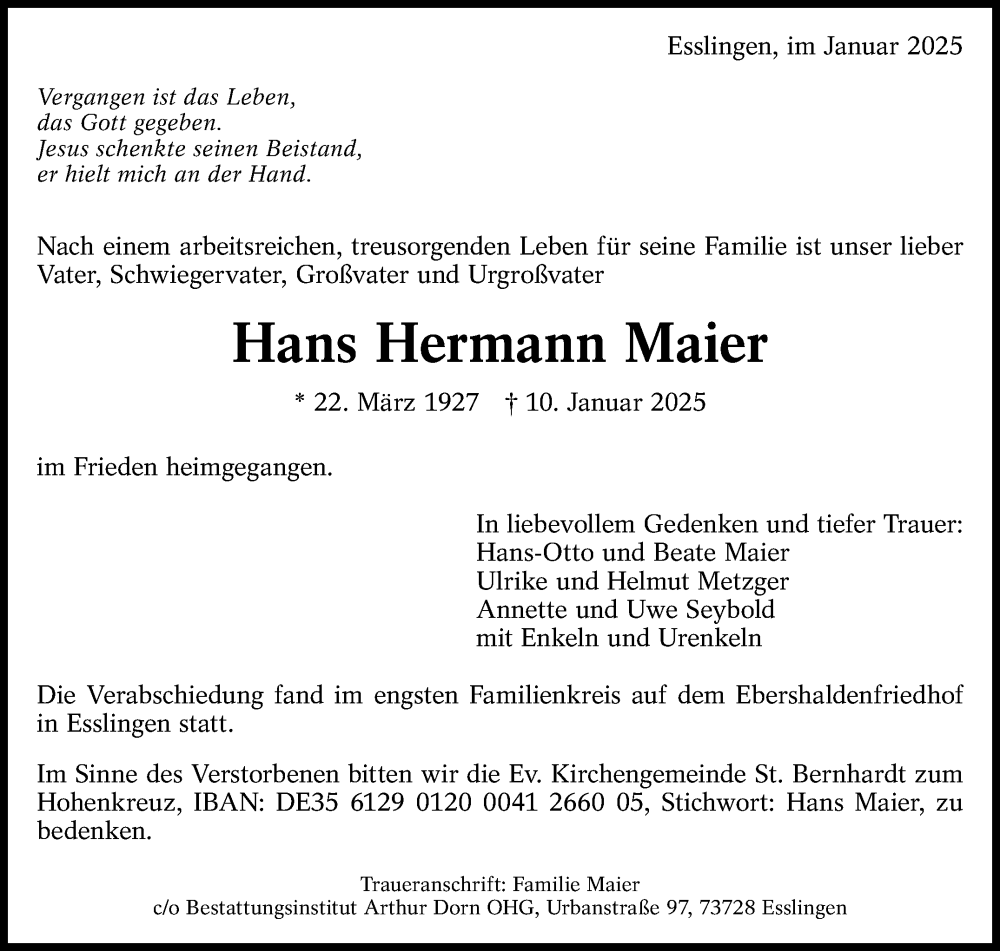  Traueranzeige für Hans Hermann Maier vom 25.01.2025 aus Eßlinger Zeitung/Cannstatter Zeitung