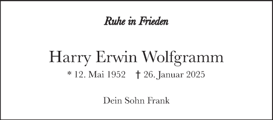Traueranzeige von Harry Erwin Wolfgramm von Eßlinger Zeitung/Cannstatter Zeitung