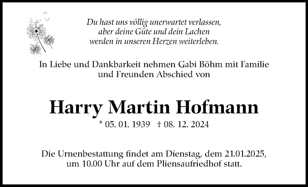  Traueranzeige für Harry Martin Hofmann vom 18.01.2025 aus Eßlinger Zeitung/Cannstatter Zeitung