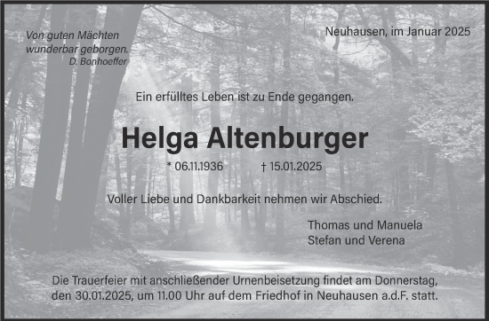 Traueranzeige von Helga Altenburger von Eßlinger Zeitung/Cannstatter Zeitung