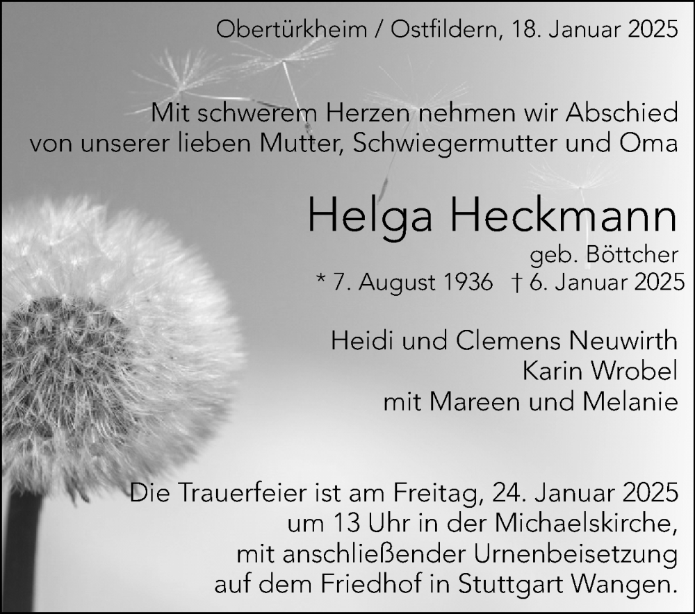  Traueranzeige für Helga Heckmann vom 18.01.2025 aus Eßlinger Zeitung/Cannstatter Zeitung