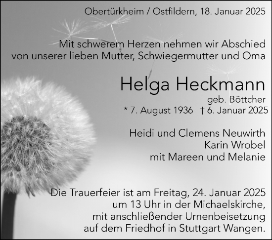 Traueranzeige von Helga Heckmann von Eßlinger Zeitung/Cannstatter Zeitung