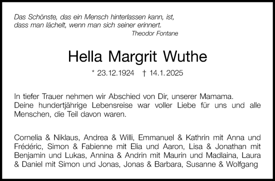 Traueranzeige von Hella Margrit Wuthe von Eßlinger Zeitung/Cannstatter Zeitung
