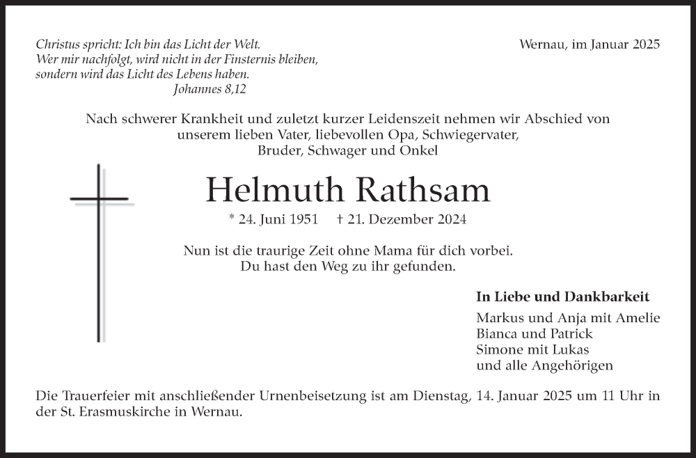  Traueranzeige für Helmuth Rathsam vom 11.01.2025 aus Eßlinger Zeitung/Cannstatter Zeitung