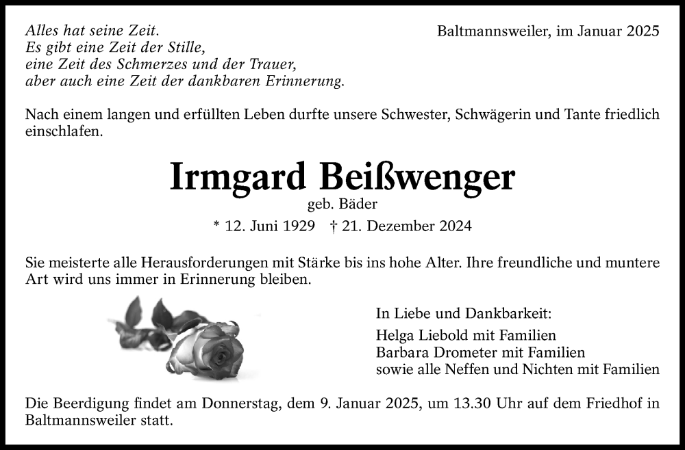  Traueranzeige für Irmgard Beißwenger vom 02.01.2025 aus Eßlinger Zeitung/Cannstatter Zeitung