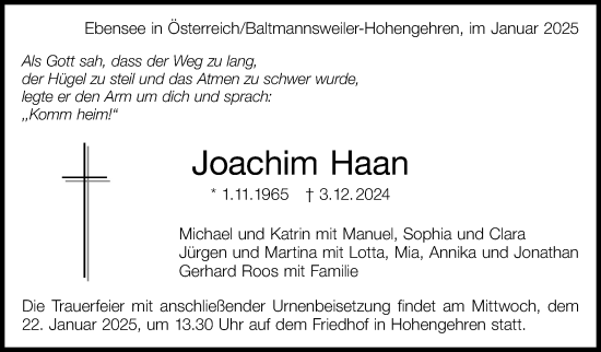 Traueranzeige von Joachim Haan von Eßlinger Zeitung/Cannstatter Zeitung