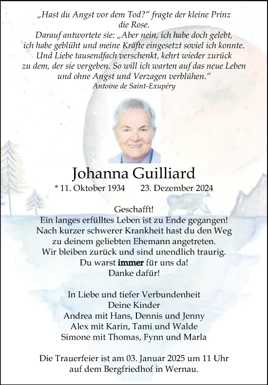 Traueranzeige von Johanna Guilliard von Eßlinger Zeitung/Cannstatter Zeitung