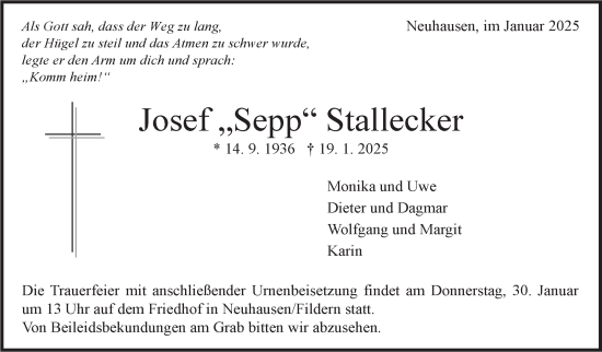 Traueranzeige von Josef Stallecker von Eßlinger Zeitung/Cannstatter Zeitung