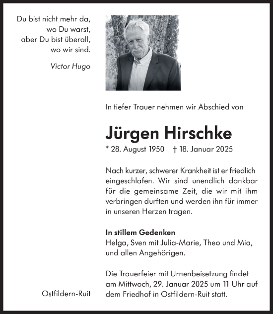 Traueranzeige von Jürgen Hirschke von Eßlinger Zeitung/Cannstatter Zeitung