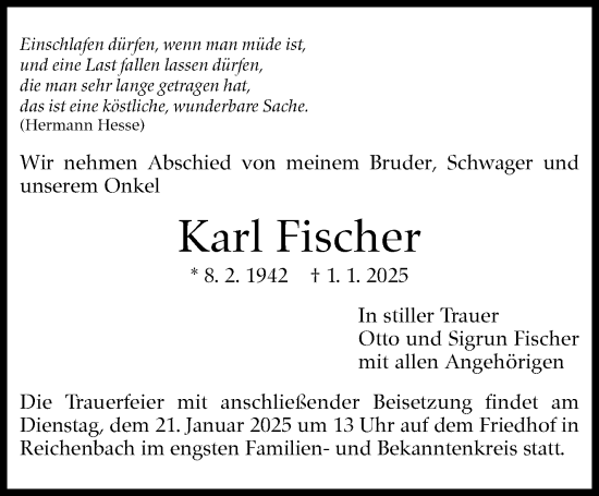 Traueranzeige von Karl Fischer von Eßlinger Zeitung/Cannstatter Zeitung