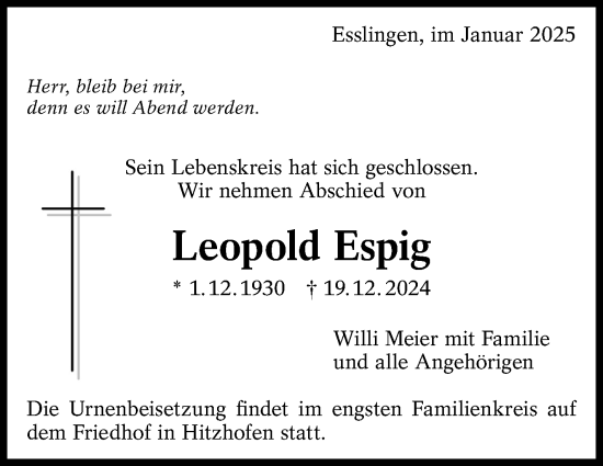 Traueranzeige von Leopold Espig von Eßlinger Zeitung/Cannstatter Zeitung
