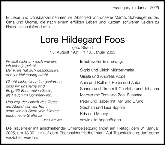 Traueranzeige von Lore Hildegard Foos von Eßlinger Zeitung/Cannstatter Zeitung