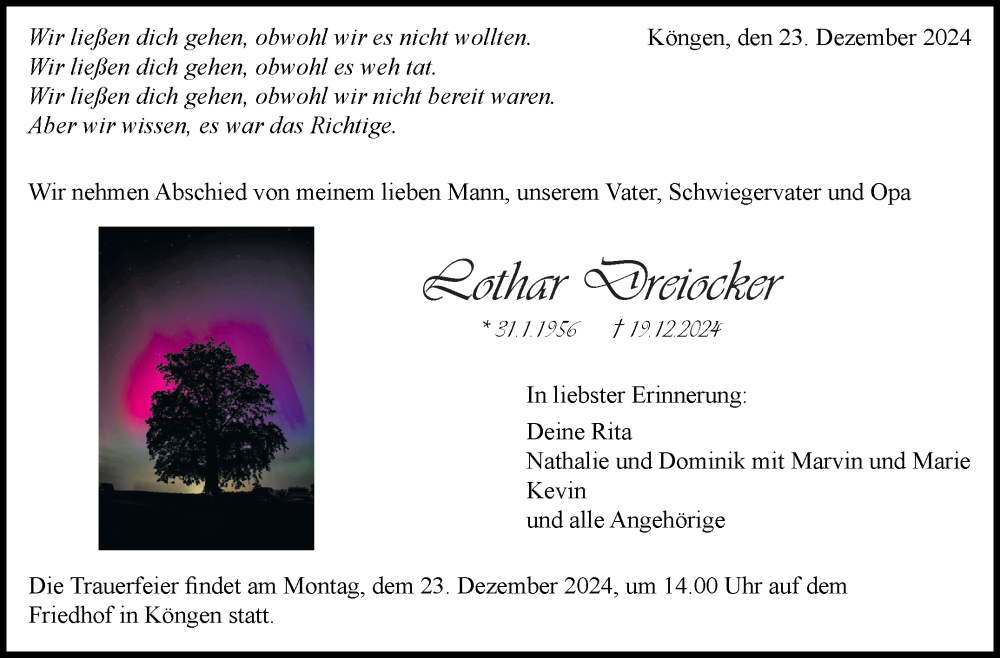  Traueranzeige für Lothar Dreiocker vom 23.12.2024 aus Eßlinger Zeitung/Cannstatter Zeitung