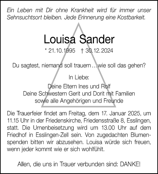 Traueranzeige von Louisa Sander von Eßlinger Zeitung/Cannstatter Zeitung