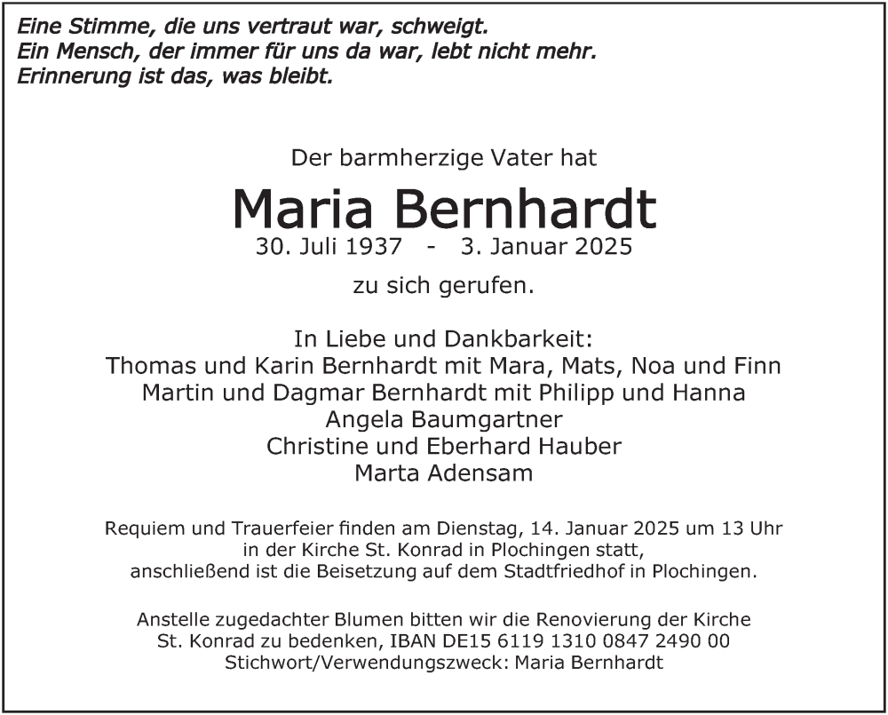  Traueranzeige für Maria Bernhardt vom 10.01.2025 aus Eßlinger Zeitung/Cannstatter Zeitung