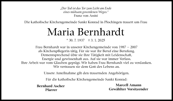 Traueranzeige von Maria Bernhardt von Eßlinger Zeitung/Cannstatter Zeitung