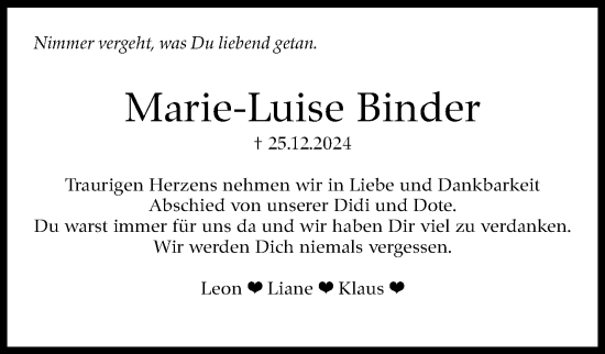 Traueranzeige von Marie-Luise Binder von Eßlinger Zeitung/Cannstatter Zeitung