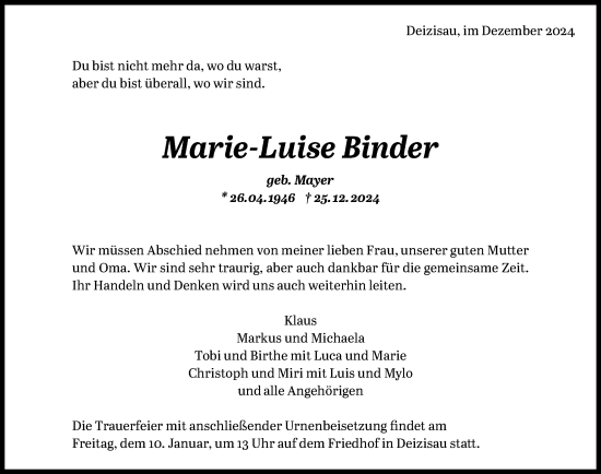 Traueranzeige von Marie-Luise Binder von Eßlinger Zeitung/Cannstatter Zeitung