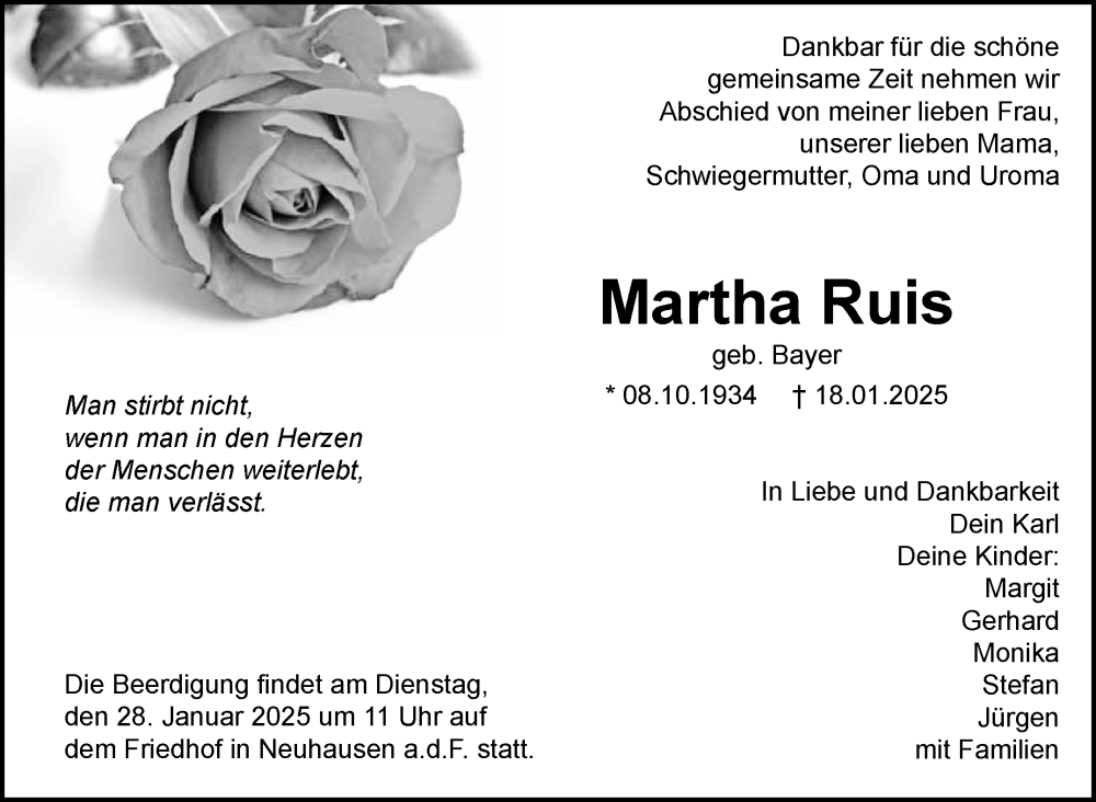  Traueranzeige für Martha Ruis vom 25.01.2025 aus Eßlinger Zeitung/Cannstatter Zeitung
