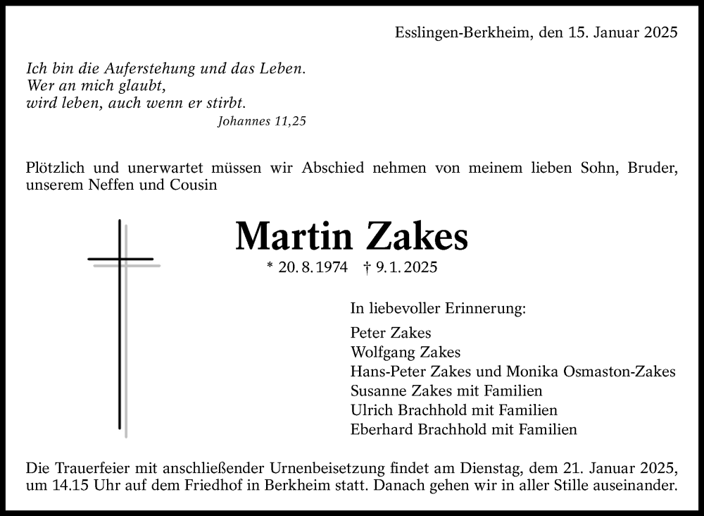  Traueranzeige für Martin Zakes vom 15.01.2025 aus Eßlinger Zeitung/Cannstatter Zeitung