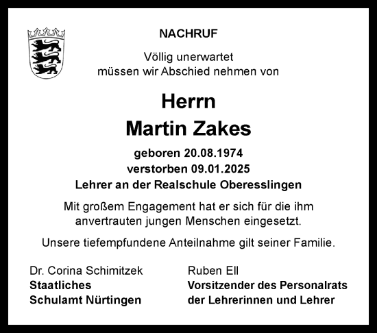 Traueranzeige von Martin Zakes von Eßlinger Zeitung/Cannstatter Zeitung