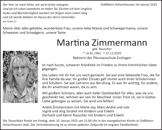 Traueranzeige von Martina Zimmermann von Eßlinger Zeitung/Cannstatter Zeitung