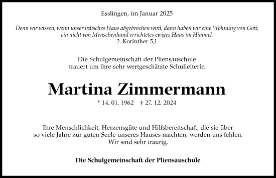 Traueranzeige von Martina Zimmermann von Eßlinger Zeitung/Cannstatter Zeitung