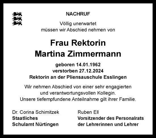 Traueranzeige von Martina Zimmermann von Eßlinger Zeitung/Cannstatter Zeitung