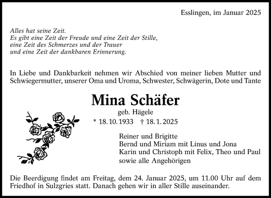 Traueranzeige von Mina Schäfer von Eßlinger Zeitung/Cannstatter Zeitung