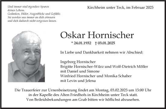 Traueranzeige von Oskar Hornischer von Eßlinger Zeitung/Cannstatter Zeitung
