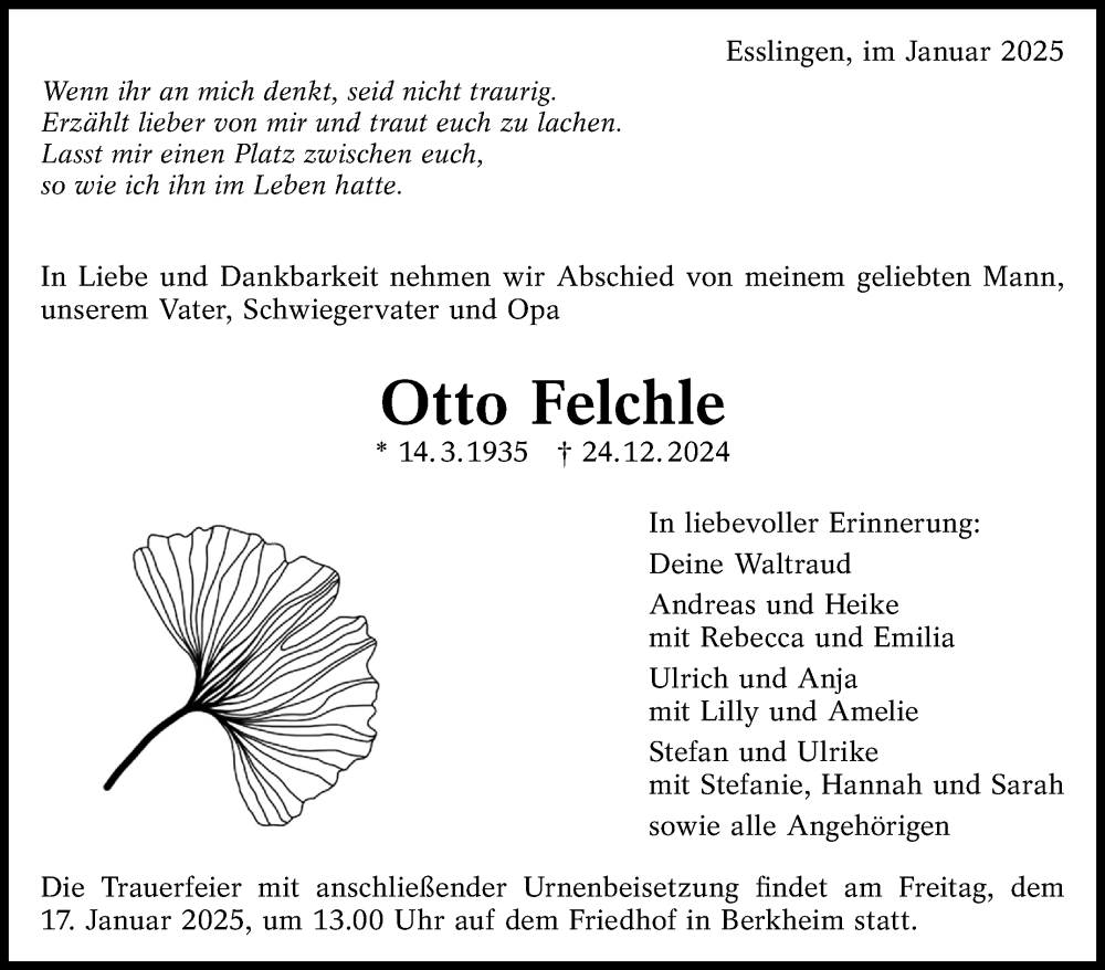  Traueranzeige für Otto Felchle vom 11.01.2025 aus Eßlinger Zeitung/Cannstatter Zeitung