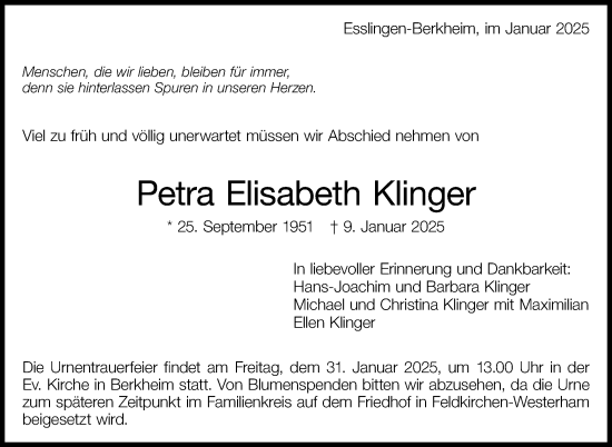 Traueranzeige von Petra Elisabeth Klinger von Eßlinger Zeitung/Cannstatter Zeitung