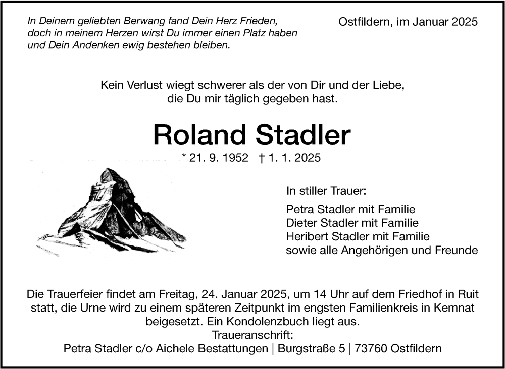  Traueranzeige für Roland Stadler vom 11.01.2025 aus Eßlinger Zeitung/Cannstatter Zeitung