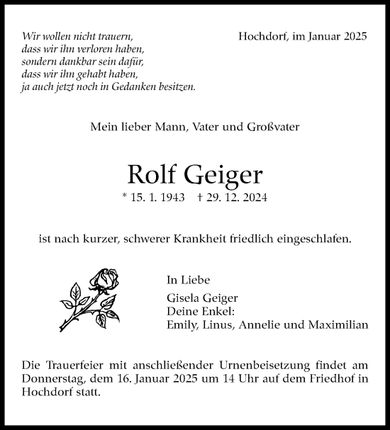 Traueranzeige von Rolf Geiger von Eßlinger Zeitung/Cannstatter Zeitung