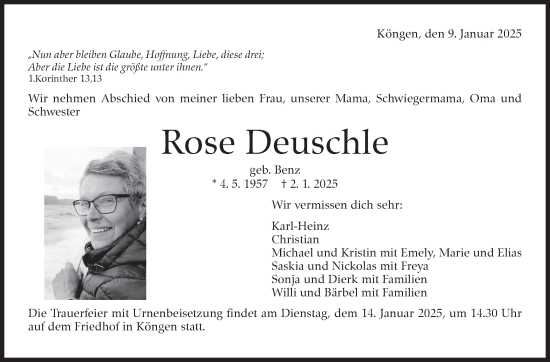 Traueranzeige von Rose Deuschle von Eßlinger Zeitung/Cannstatter Zeitung