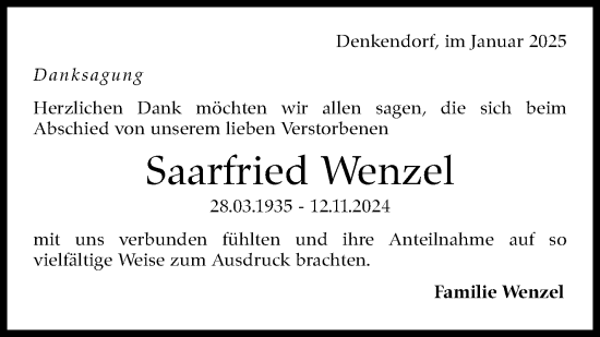 Traueranzeige von Saarfried Wenzel von Eßlinger Zeitung/Cannstatter Zeitung