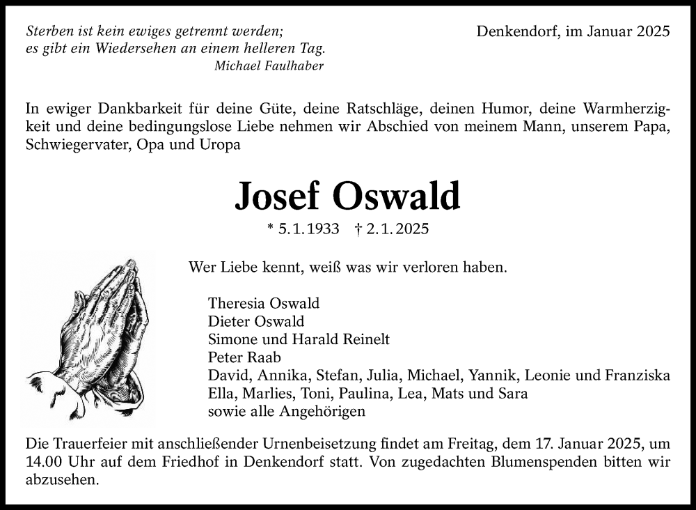 Traueranzeige für Josef Oswald vom 11.01.2025 aus Eßlinger Zeitung/Cannstatter Zeitung