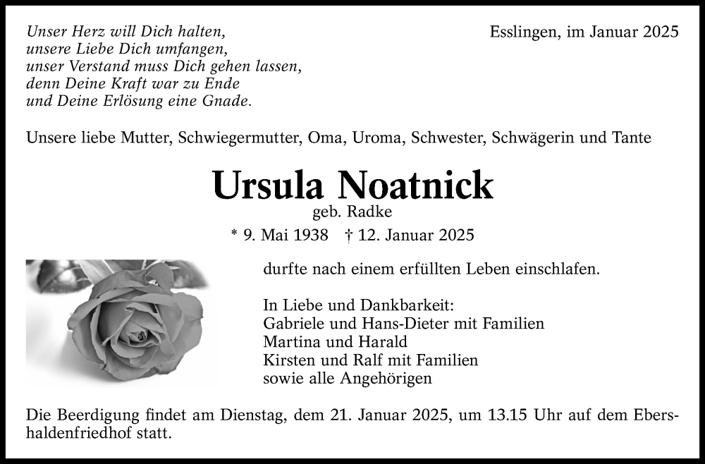  Traueranzeige für Ursula Noatnick vom 15.01.2025 aus Eßlinger Zeitung/Cannstatter Zeitung