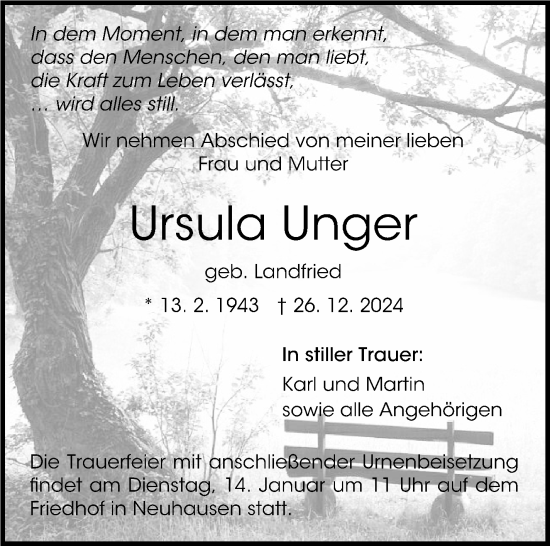 Traueranzeige von Ursula Unger von Eßlinger Zeitung/Cannstatter Zeitung