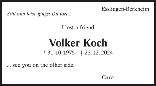 Traueranzeige von Volker Koch von Eßlinger Zeitung/Cannstatter Zeitung