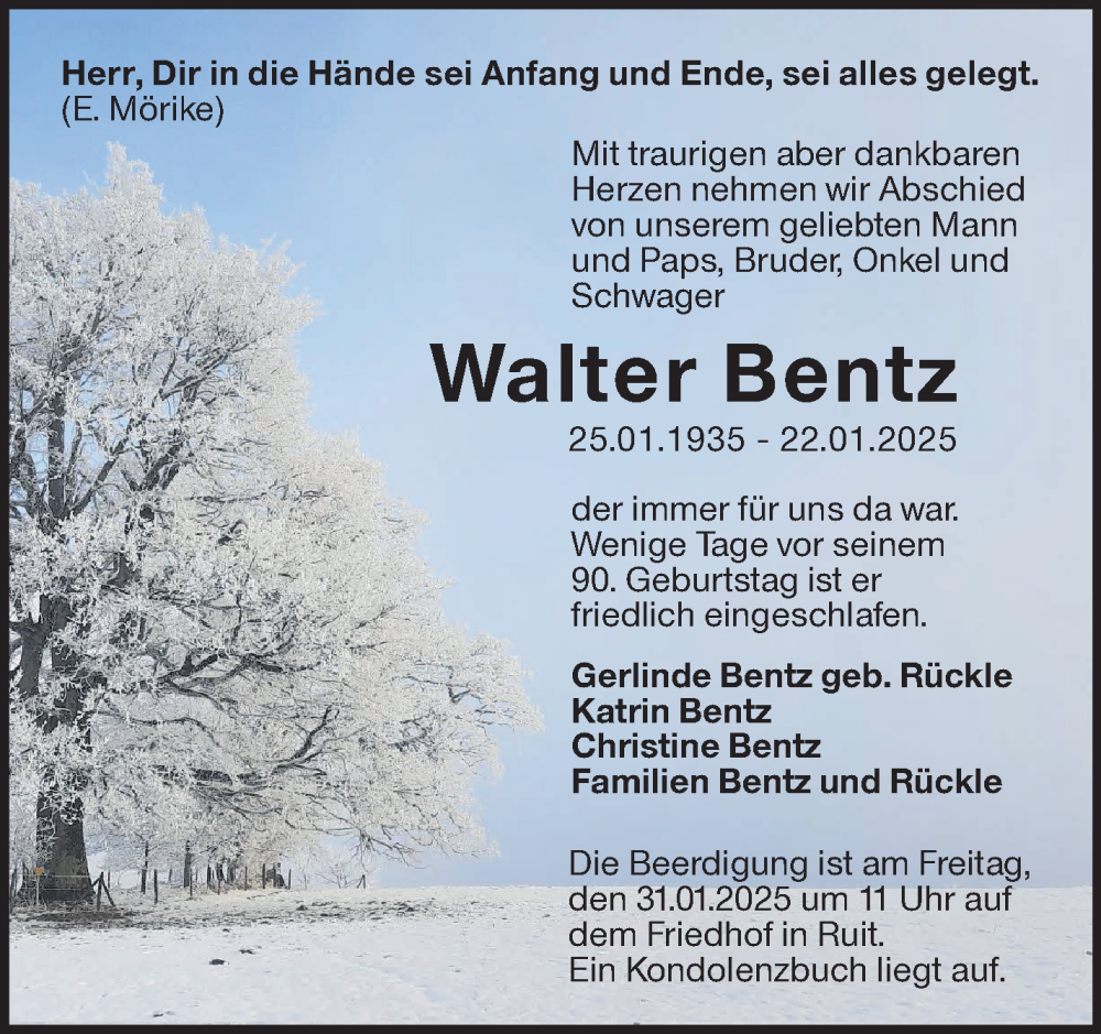  Traueranzeige für Walter Bentz vom 29.01.2025 aus Eßlinger Zeitung/Cannstatter Zeitung