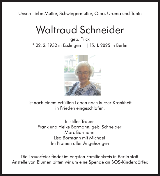 Traueranzeige von Waltraud Schneider von Eßlinger Zeitung/Cannstatter Zeitung
