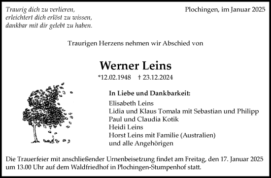 Traueranzeige von Werner Leins von Eßlinger Zeitung/Cannstatter Zeitung