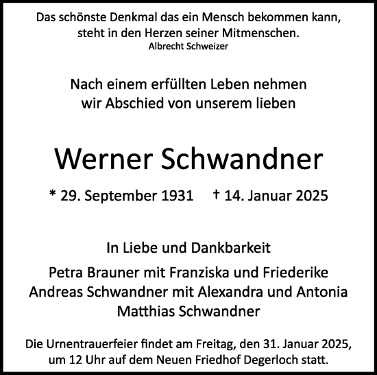 Traueranzeige von Werner Schwandner von Eßlinger Zeitung/Cannstatter Zeitung