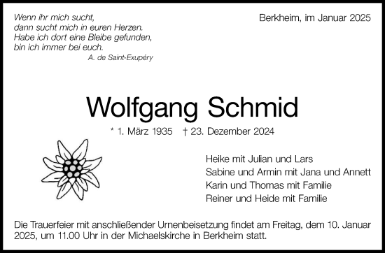 Traueranzeige von Wolfgang Schmid von Eßlinger Zeitung/Cannstatter Zeitung