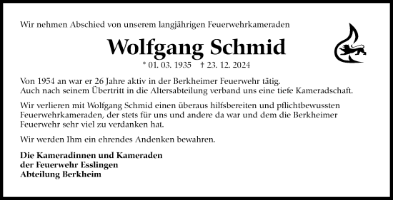 Traueranzeige von Wolfgang Schmid von Eßlinger Zeitung/Cannstatter Zeitung