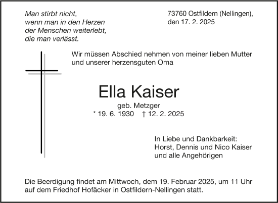 Traueranzeige von Ella Kaiser von Eßlinger Zeitung/Cannstatter Zeitung