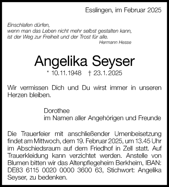 Traueranzeige von Angelika Seyser von Eßlinger Zeitung/Cannstatter Zeitung